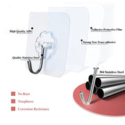 DDMY Adhesive Wall Hooks Clear 50lb(Max) Heavy Duty Hanging Sticky-10 Pack | Heavy Duty Hooks for Walls Hanging 50 lbs No Damage, Waterproof Sticky Transparent Ceiling Hook for Towel/Kitchen/Outdoor