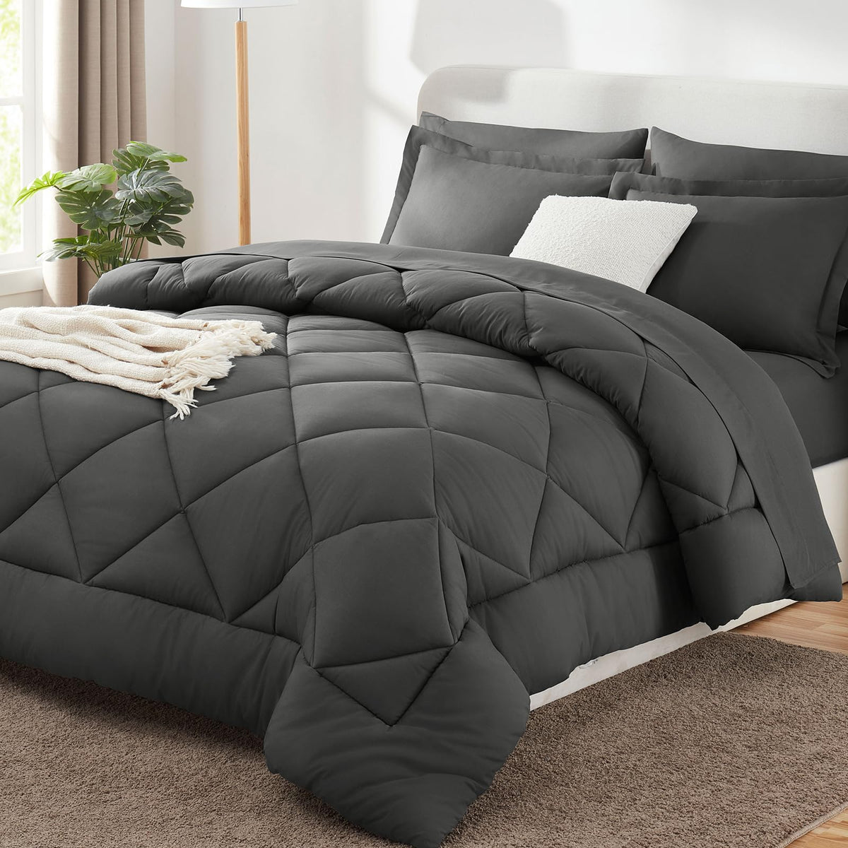 CozyLux Queen Comforter Set 88"x88" Dark Grey - 7 Piece Bed in a Bag | Fits Mattresses up to 14in, Sheets & Shams Included, OEKO-TEX Certified, 240GSM All-Season Fill, Couples & Guest Rooms