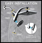 Rain Shower Head with Handheld Showerhead, Chrome 1.8GPM 460311 | 12" High Pressure Rainfall Shower Heads, 9 Sprays Handheld Showerheads, Magnetic Docking, Power Jets, 59" Shower Hose