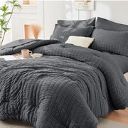 Queen Comforter Set - 7PCS Bed in a Bag, Seersucker Bedding Set, Dark Grey | OEKO-TEX Certified, All Season Comforter with Sheets, Down-Alternative Fill, Soft & Breathable, Pillowcases & Shams