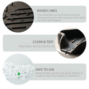 MicoYang Silicone Soap Dish with Drain Spout, Self-Draining Sink Organizer Tray for Bathroom and Kitchen, Sponges, Dispensers and Soap Holder, Non-Slip and Dishwasher Safe, Black (Compact, 4.9"×3.2")