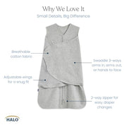 HALO SleepSack Swaddle | Cotton | 1.5 TOG | 68-75°F | 6-12 lbs |Baby Blue | 3-Way Swaddle: Arms In, Hands-to-Face or Arms Out | Double Zipper for Easy Changes | Hip-Healthy Design | Newborn 0-3 Months