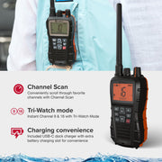 Cobra BlueBound 350 VHF Handheld Marine Radio, Black – 6-Watt, Floats | Long Range, NOAA Weather Alerts, International Functionality, IPX7 Waterproof, USB-C, Submersible, LCD Screen, Belt Clip