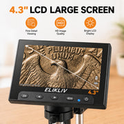 Elikliv Microscope, Digital Coin Microscope 1000x with Lights, EDM4, 4.3'' | 8 Adjustable LED Lighting, 720P LCD Microscope, Built-in Rechargeable Battery, Take Photos/Videos, Windows/MacBook Compatible