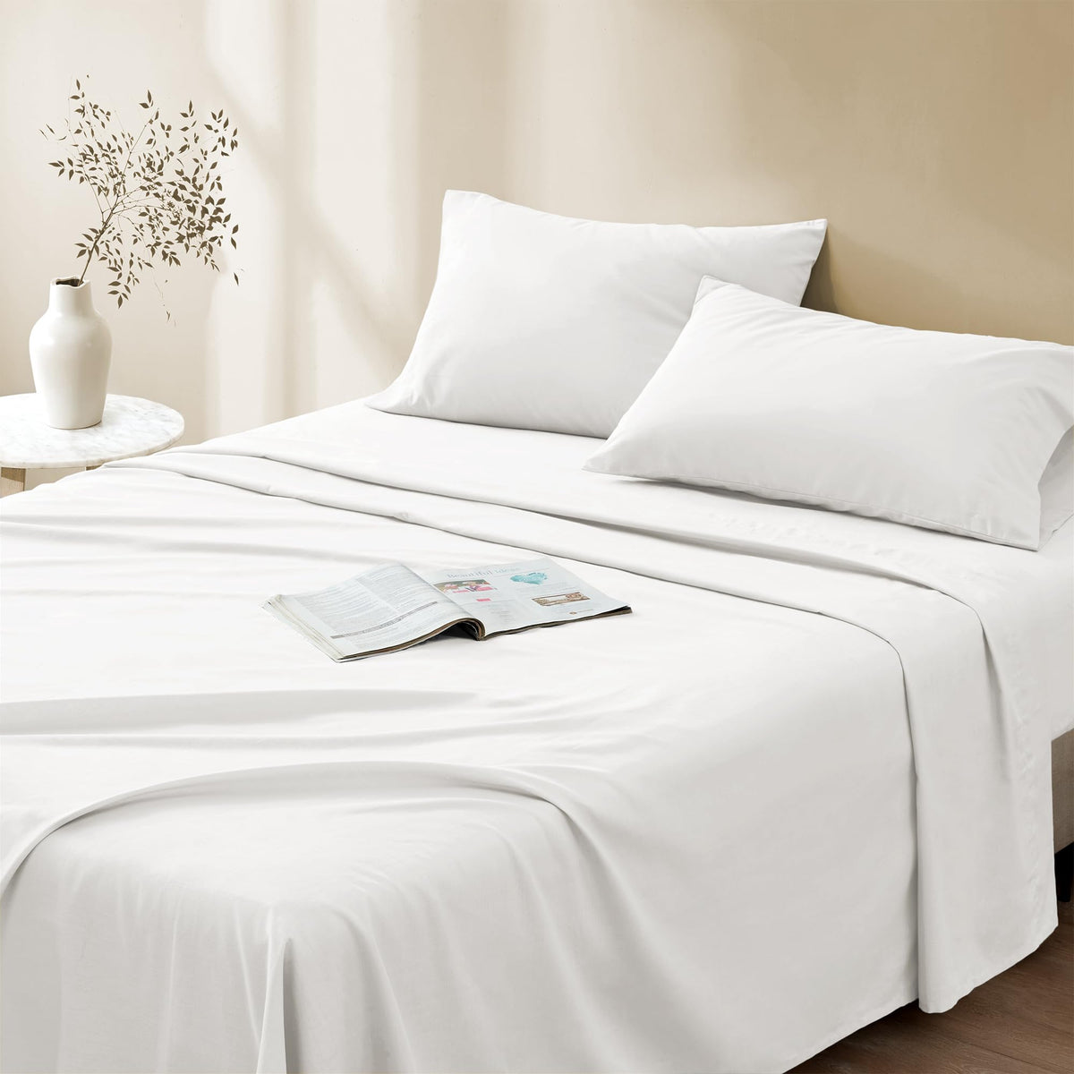 Comfort Spaces 100% Cotton Percale Sheets Twin Sheet Set 3 Pcs, White | Crisp, Cool & Breathable Bed Sheets, 12" Deep Pocket Fits Up to 14" Mattress, Lightweight, All Season Cozy, with Pillow Case