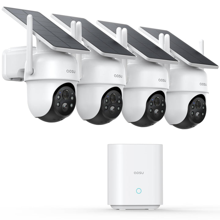 aosu D1 Classic 4-Cam Kit, Security Cameras Wireless Outdoor, Solar Powered | No Subscription Required, 32GB Built-in Storage, 360° Auto Tracking, 2K (3MP) Full-Color Night Vision, Easy Install