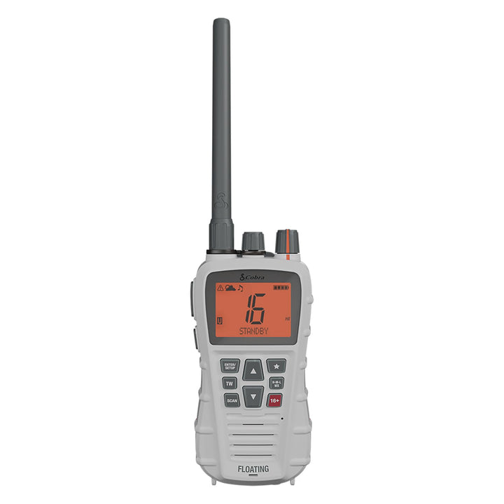Cobra BlueBound 350 VHF Handheld Marine Radio - White, 6-Watt, Floats | Long Range, NOAA Weather Alerts, International Functionality, IPX7 Waterproof, USB-C, Submersible, LCD Screen, Belt Clip