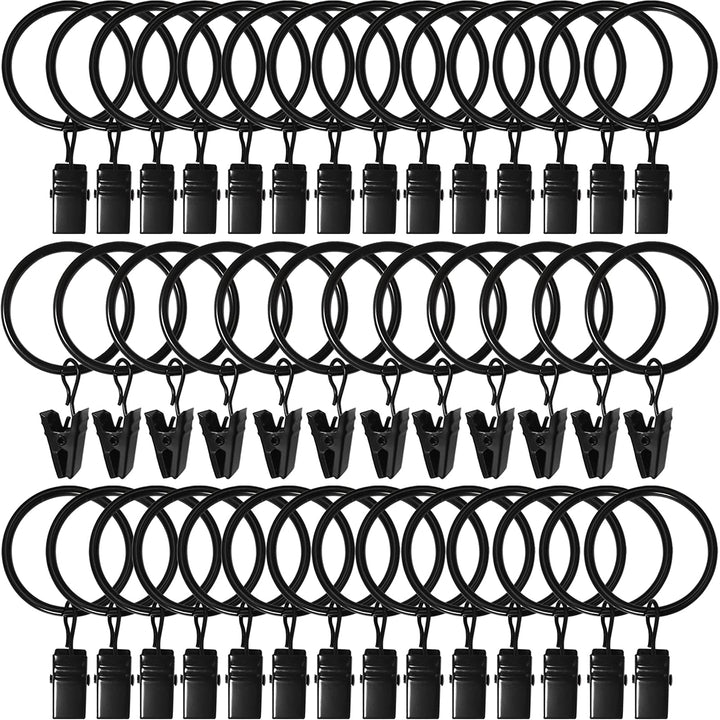 AMZSEVEN 40 Pack Metal Curtain Rings with Clips, 1.26 in ID, Black | Curtain clip rings fit rods up to 1 inch in diameter; securely hold curtains, baby pants on hangers and hair bows