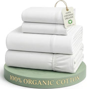 LANE LINEN Queen Sheets 100% Organic Cotton 4pc Percale Cooling - White | Queen Sheet Set, GOTS Certified Organic Cotton Percale - Crisp, Cool & Breathable, For Hot Sleepers, All-Season Comfort
