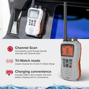 Cobra BlueBound 350 VHF Handheld Marine Radio - White, 6-Watt, Floats | Long Range, NOAA Weather Alerts, International Functionality, IPX7 Waterproof, USB-C, Submersible, LCD Screen, Belt Clip