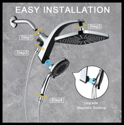 Rain Shower Head with Handheld Showerhead, Chrome 1.8GPM 460311 | 12" High Pressure Rainfall Shower Heads, 9 Sprays Handheld Showerheads, Magnetic Docking, Power Jets, 59" Shower Hose