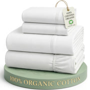 LANE LINEN Queen Sheets 100% Organic Cotton 4pc Percale Cooling - White | Queen Sheet Set, GOTS Certified Organic Cotton Percale - Crisp, Cool & Breathable, For Hot Sleepers, All-Season Comfort