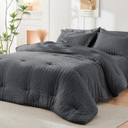 Queen Comforter Set - 7PCS Bed in a Bag, Seersucker Bedding Set, Dark Grey | OEKO-TEX Certified, All Season Comforter with Sheets, Down-Alternative Fill, Soft & Breathable, Pillowcases & Shams
