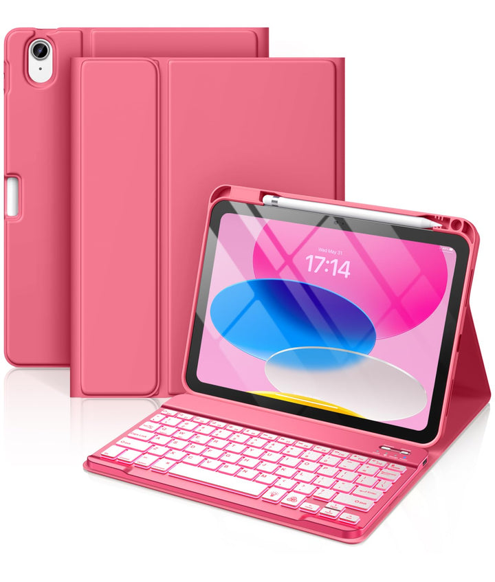 Hamile for iPad A16 11th 10th Generation Case with Keyboard - Wireless | Backlit Detachable Folio Keyboard Cover, Pencil Holder, for iPad A16 11-inch 2025 10th Generation 10.9 Inch 2022, Pink