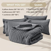 Queen Comforter Set - 7PCS Bed in a Bag, Seersucker Bedding Set, Dark Grey | OEKO-TEX Certified, All Season Comforter with Sheets, Down-Alternative Fill, Soft & Breathable, Pillowcases & Shams