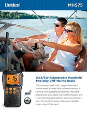 Uniden MHS75 Waterproof Handheld 2-Way VHF Marine Radio, Submersible, Selectable 1/2.5/5 Watt Transmit Power. All USA/International and Canadian Marine Channels.