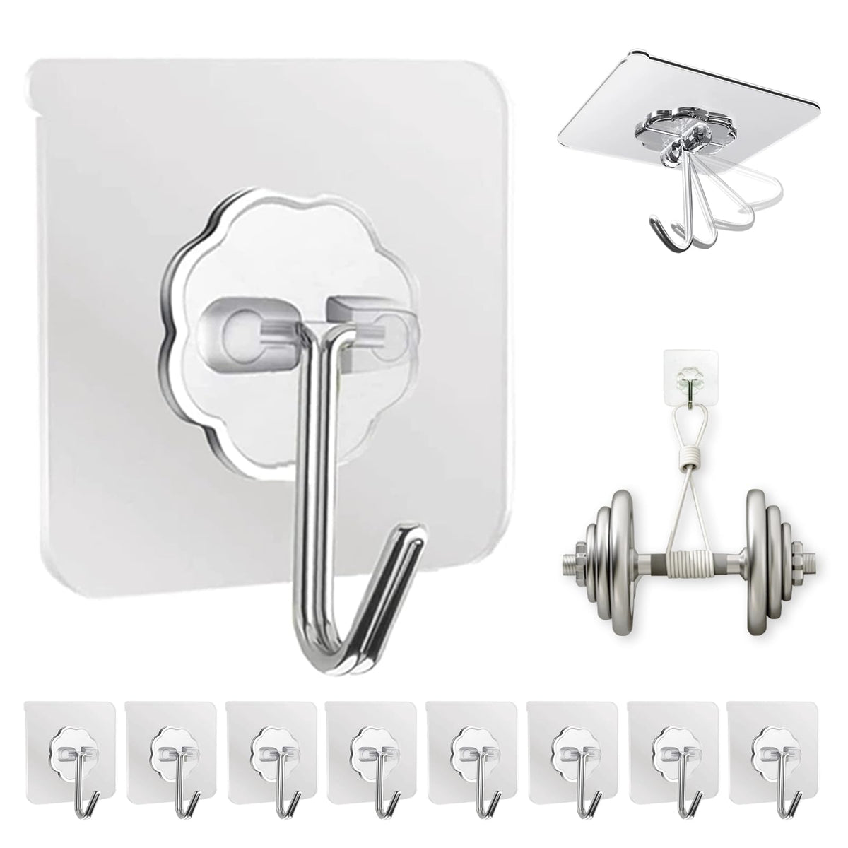 DDMY Adhesive Wall Hooks Clear 50lb(Max) Heavy Duty Hanging Sticky-10 Pack | Heavy Duty Hooks for Walls Hanging 50 lbs No Damage, Waterproof Sticky Transparent Ceiling Hook for Towel/Kitchen/Outdoor
