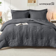 Queen Comforter Set - 7PCS Bed in a Bag, Seersucker Bedding Set, Dark Grey | OEKO-TEX Certified, All Season Comforter with Sheets, Down-Alternative Fill, Soft & Breathable, Pillowcases & Shams