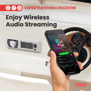 Pyle Marine Radio Receiver Speaker Set 12v Single Din Style Bluetooth Compatible Waterproof Digital Boat In Dash Console System with Mic 4 Speakers, Remote Control, Wiring Harness PLMRKT38W (White)