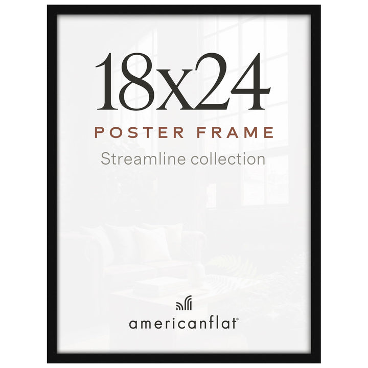 Americanflat 18x24 Poster Frame - Slim Molding - Black | Polished plexiglass front, hangs vertical or horizontal, sawtooth hangers included, secure turn-tab backing
