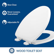 Mayfair Linden Slow Close Toilet Seat, Non Slip Heavy Duty Wood, Easy Install, Elongated, White