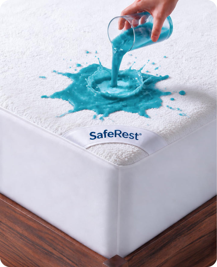 SafeRest Waterproof Queen Size Mattress Protector | Fitted with Stretchable Pockets, Machine Washable, Cotton Blend Mattress Cover for Bed