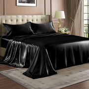 BEDELITE Satin Sheets Queen Size Bed Set, Black, 4 Pieces | Luxury Silky Bed Sheets, 15 Inch Deep Pocket, Similar to Silk, Soft and Cooling, Reduces Friction, Gentle on Hair and Skin