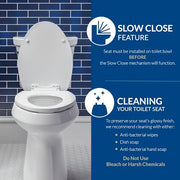 Mayfair Cassel slow close toilet seat, easy clean non-slip premium wood seat, install, made in USA, elongated, white