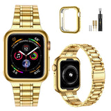 MioHHR Solid Stainless Steel Band Compatible for Apple Watch 38mm 40mm 41mm | Adjustable Metal Strap with Soft TPU Case for Women and Men, Fits iWatch Bands Series 9 8 7 6 5 4 3 2 1, SE3, SE2, SE, Gold