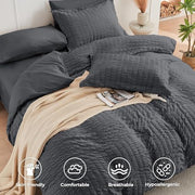 Queen Comforter Set - 7PCS Bed in a Bag, Seersucker Bedding Set, Dark Grey | OEKO-TEX Certified, All Season Comforter with Sheets, Down-Alternative Fill, Soft & Breathable, Pillowcases & Shams