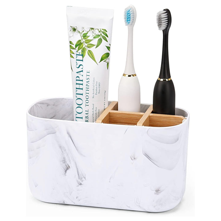 GFWARE Toothbrush Holders for Bathrooms, 5 Slots Bamboo Toothbrush Holder Kids Electric Toothbrush Holder and Toothpaste Holder for Bathroom Countertop Accessories Storage, Marble Toothbrush Organizer