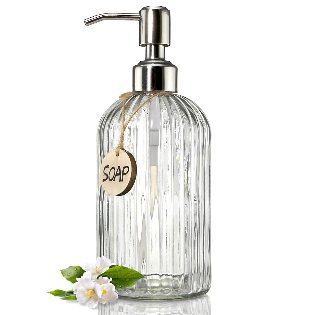 JASAI 18 Oz Clear Glass Soap Dispenser with Rust Proof Stainless Steel Pump | Refillable Liquid Hand soap Dispenser for Bathroom, Premium Kitchen Soap Dispenser (Clear).