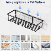 5 Pack Adhesive Bathroom Holders & Dispensers for Kids & Adults, Black | Large Capacity No-Drilling Rustproof Shower Caddy Shelves Rack with Soap Dishes, Toothbrush Holder & Hooks