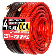 Energeaster 4 Gauge Wire 25FT Black + 25FT Red Automotive Primary Wire | Copper Clad Aluminum, Primary Automotive Power/Ground Cable, for Audio Speaker, RV, Amp, Generator, Solar, Translucent Jacket