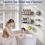 5 Pack Adhesive Bathroom Holders & Dispensers for Kids & Adults, Black | Large Capacity No-Drilling Rustproof Shower Caddy Shelves Rack with Soap Dishes, Toothbrush Holder & Hooks