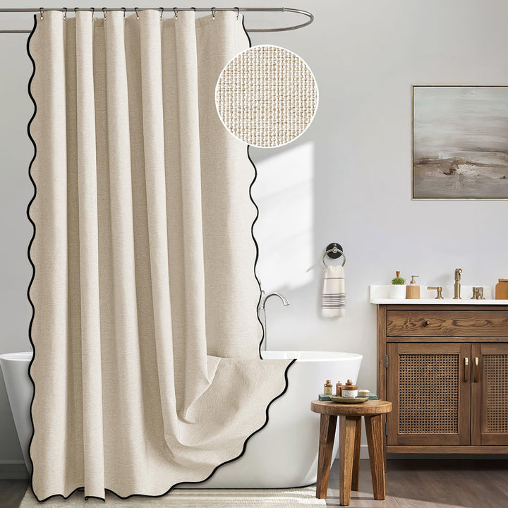 MIULEE Beige Scalloped Shower Curtain Linen Textured with 12 Metal Hooks Cute Heavy Duty Washable Waterproof Neutral Thick Cloth Shower Curtains with Black Border for Bathroom Bathtub,W72*L72 Cream
