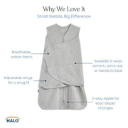 HALO SleepSack Swaddle | Cotton | 1.5 TOG | 68-75°F | 6-12 lbs |Baby Blue | 3-Way Swaddle: Arms In, Hands-to-Face or Arms Out | Double Zipper for Easy Changes | Hip-Healthy Design | Newborn 0-3 Months