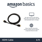 Amazon Basics HDMI Cable, 6ft, 4K@60Hz, High-Speed 4K HDMI 2.0 Cord with Ethernet, 18Gbps, 2160p, 48 bit, Compatible with TV/PS5/Xbox/Roku/Blu-ray, Black