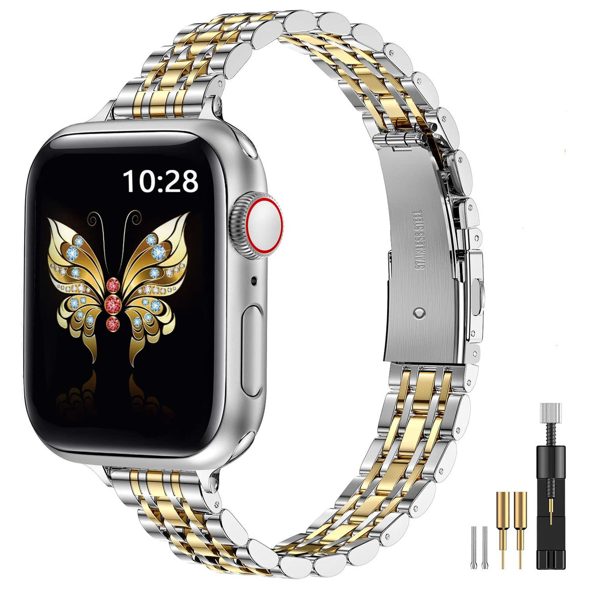 MioHHR Slim Metal Band Compatible with Apple Watch Bands 42/41/40/38mm | Thin Luxury Stainless Steel iWatch Bands Series 12/11/10/9/8/7/6/5/4/3/2/1/SE3/SE2/SE for Women,Silver/Gold