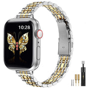 MioHHR Slim Metal Band Compatible with Apple Watch Bands 42/41/40/38mm | Thin Luxury Stainless Steel iWatch Bands Series 12/11/10/9/8/7/6/5/4/3/2/1/SE3/SE2/SE for Women,Silver/Gold