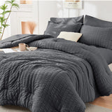 Queen Comforter Set - 7PCS Bed in a Bag, Seersucker Bedding Set, Dark Grey | OEKO-TEX Certified, All Season Comforter with Sheets, Down-Alternative Fill, Soft & Breathable, Pillowcases & Shams