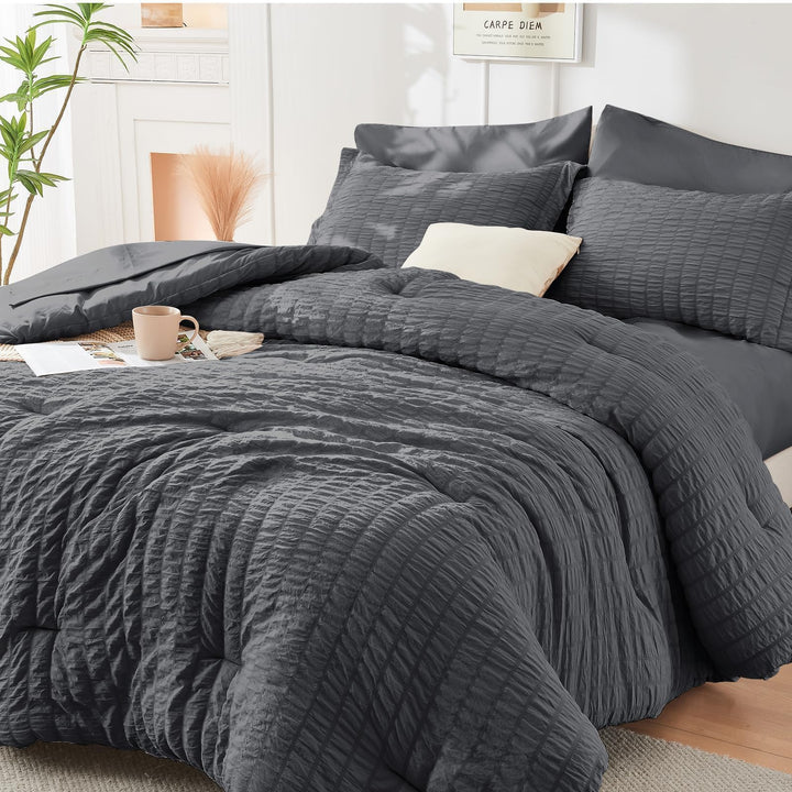 Queen Comforter Set - 7PCS Bed in a Bag, Seersucker Bedding Set, Dark Grey | OEKO-TEX Certified, All Season Comforter with Sheets, Down-Alternative Fill, Soft & Breathable, Pillowcases & Shams