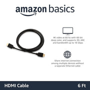 Amazon Basics HDMI Cable, 6ft, 4K@60Hz, High-Speed 4K HDMI 2.0 Cord with Ethernet, 18Gbps, 2160p, 48 bit, Compatible with TV/PS5/Xbox/Roku/Blu-ray, Black