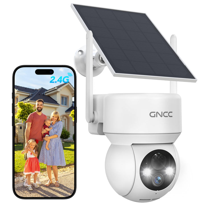 GNCC Solar Security Cameras Wireless Outdoor 2.4G WiFi, SD/Cloud Storage | Solar & Battery 360° Security Cameras, Color Night Vision, PIR Motion Detection, Spotlight & Siren Alarm, IP65 Waterproof