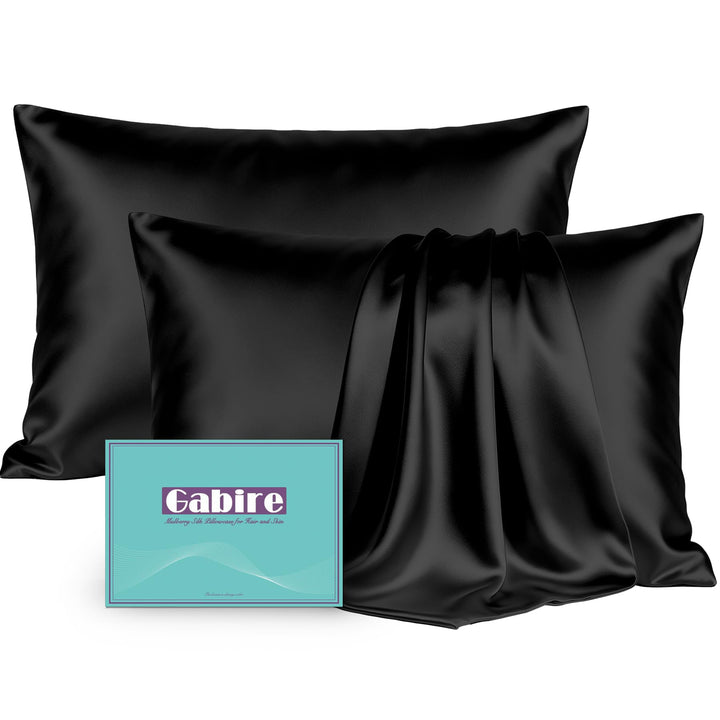 Gabire Mulberry Silk Pillow Cases Set of 2, Both Sides Real Silk Pillowcase for Hair and Skin Prevent Acne Pillowcase Organic Silk Pillowcase 2 Pack with Hidden Zipper, Black, Standard (20"×26")